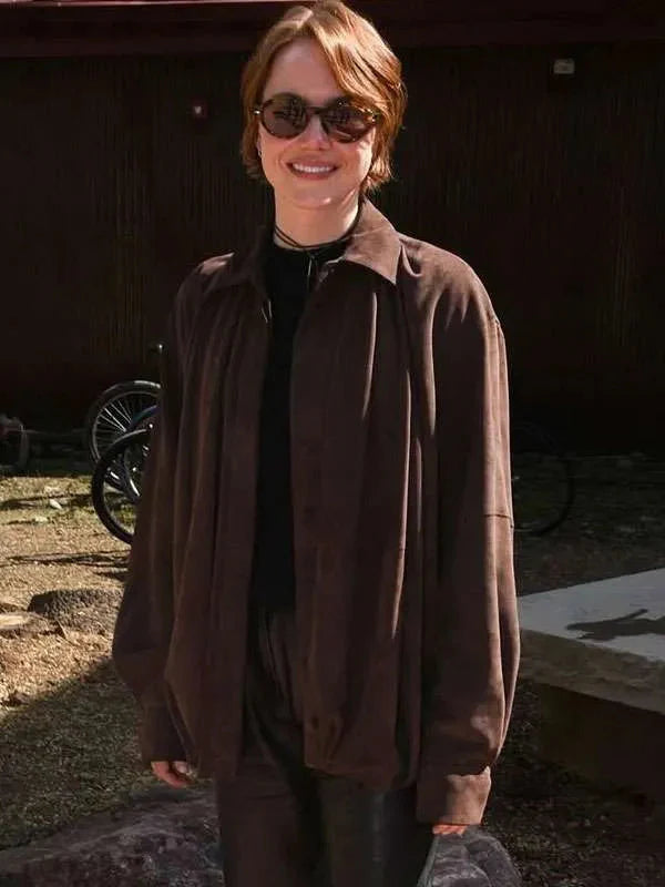Emma Stone Bugonia Brown Suede Shirt USA Jackets