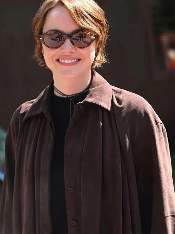 Emma Stone Bugonia Brown Suede Shirt USA Jackets