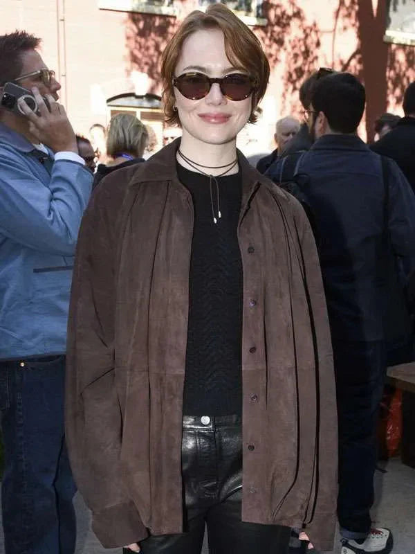 Emma Stone Bugonia Brown Suede Shirt USA Jackets