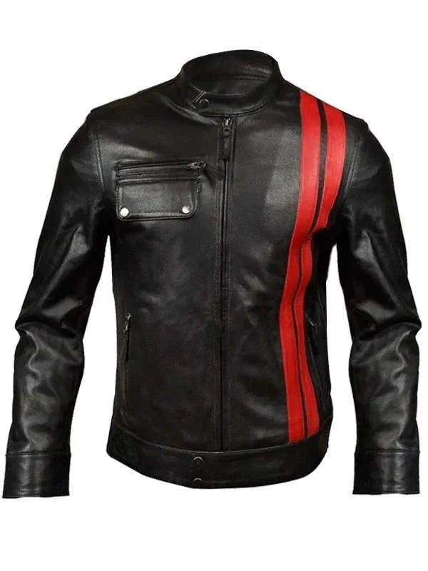 Men’s Black Classic Motorcycle Red Stripes Leather Jacket Thobes