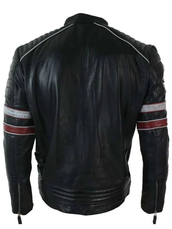 Men’s Black Red & White Stripes Moto Leather Jacket Thobes