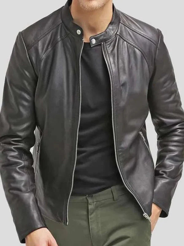 Men Cafe Racer Black Slim Fit Real Leather Jacket Thobes