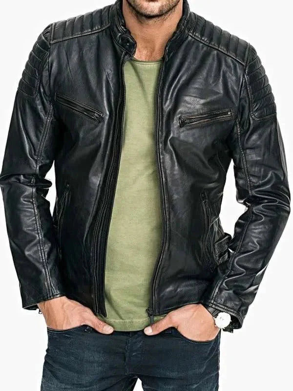 Men Quilted Sheepskin Distressed Black Leather Jacket Thobes