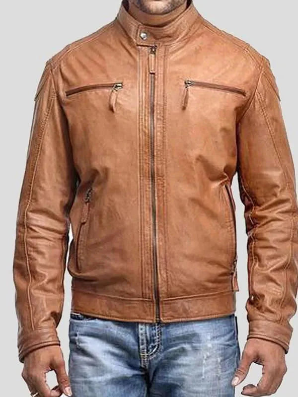 Men’s Cafe Racer 4 Zipper Pockets Brown Real Leather Jacket Thobes