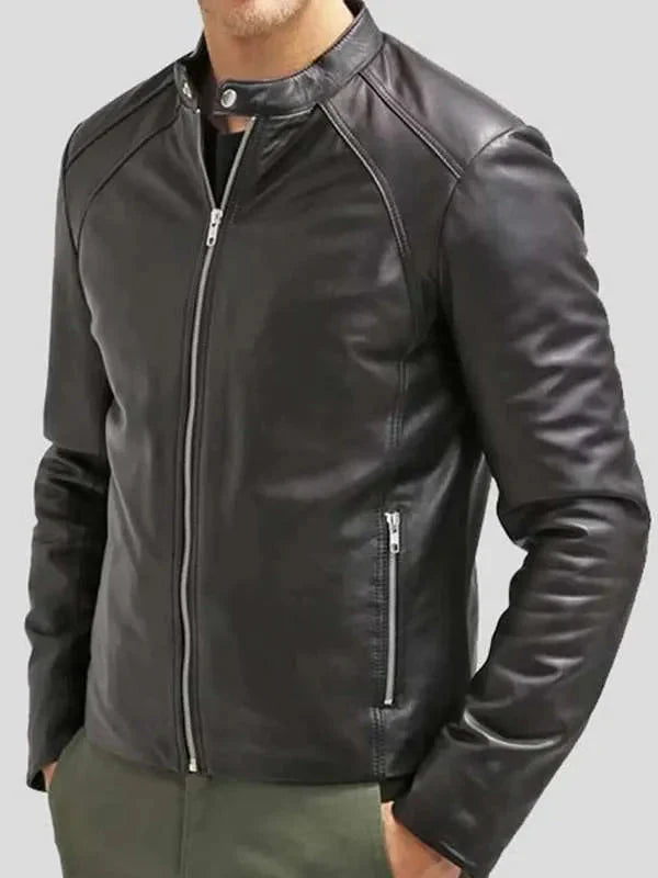 Men Cafe Racer Black Slim Fit Real Leather Jacket Thobes