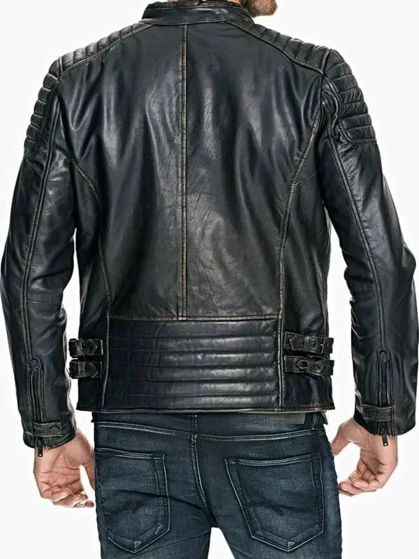 Men Quilted Sheepskin Distressed Black Leather Jacket Thobes