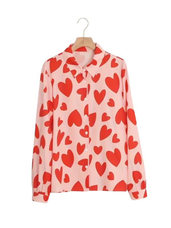 The Inheritance S01 Hannah Pink & Red Heart Print Blouse USA Jackets