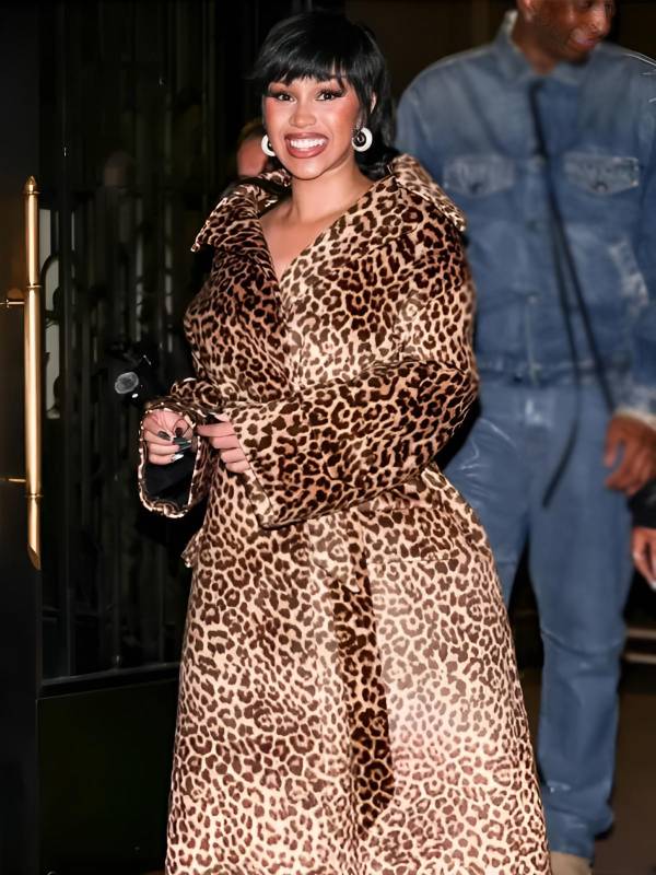 Cardi B EE72 Magazine Launch Party Leopard Trench Coat USA Jackets