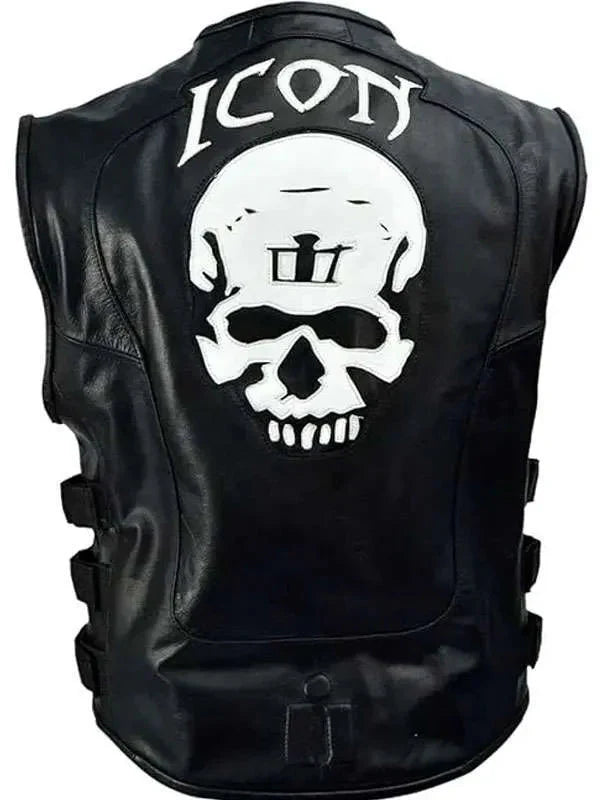 Skull Icon Black Leather Vest Thobes