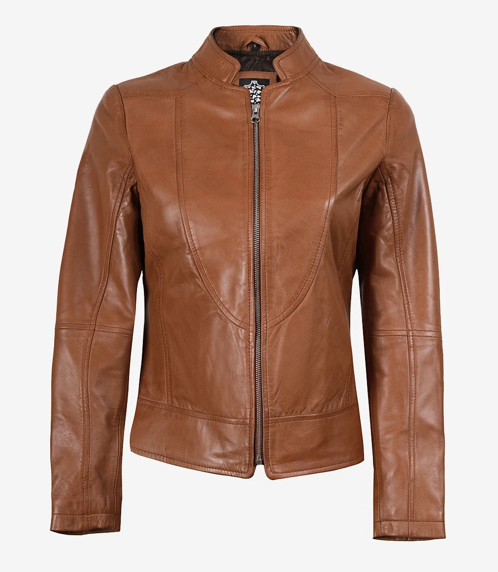 Women's Tan Brown Lambskin Leather Cafe Racer Jacket