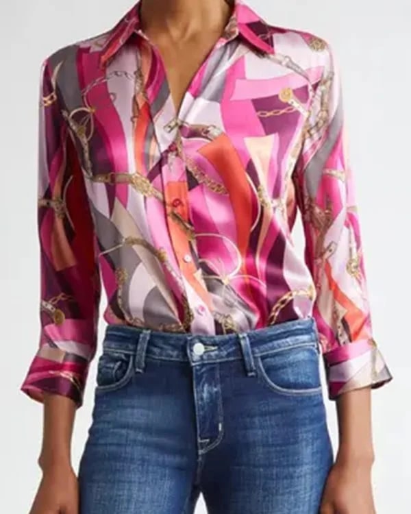The Talk Natalie Morales Pink Silk Printed Shirt Thobes