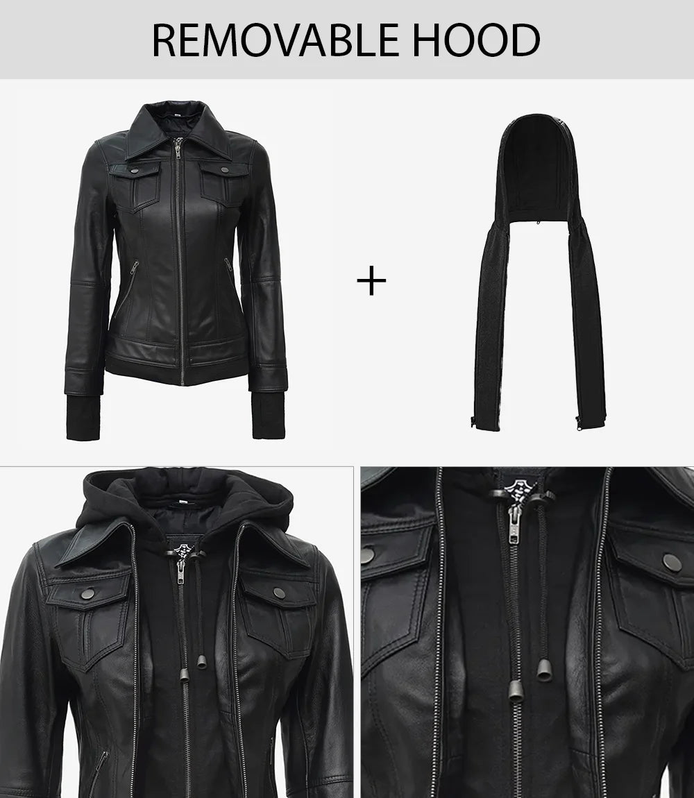 Tralee Black Bomber Women's Leather Jacket With Removable Hood