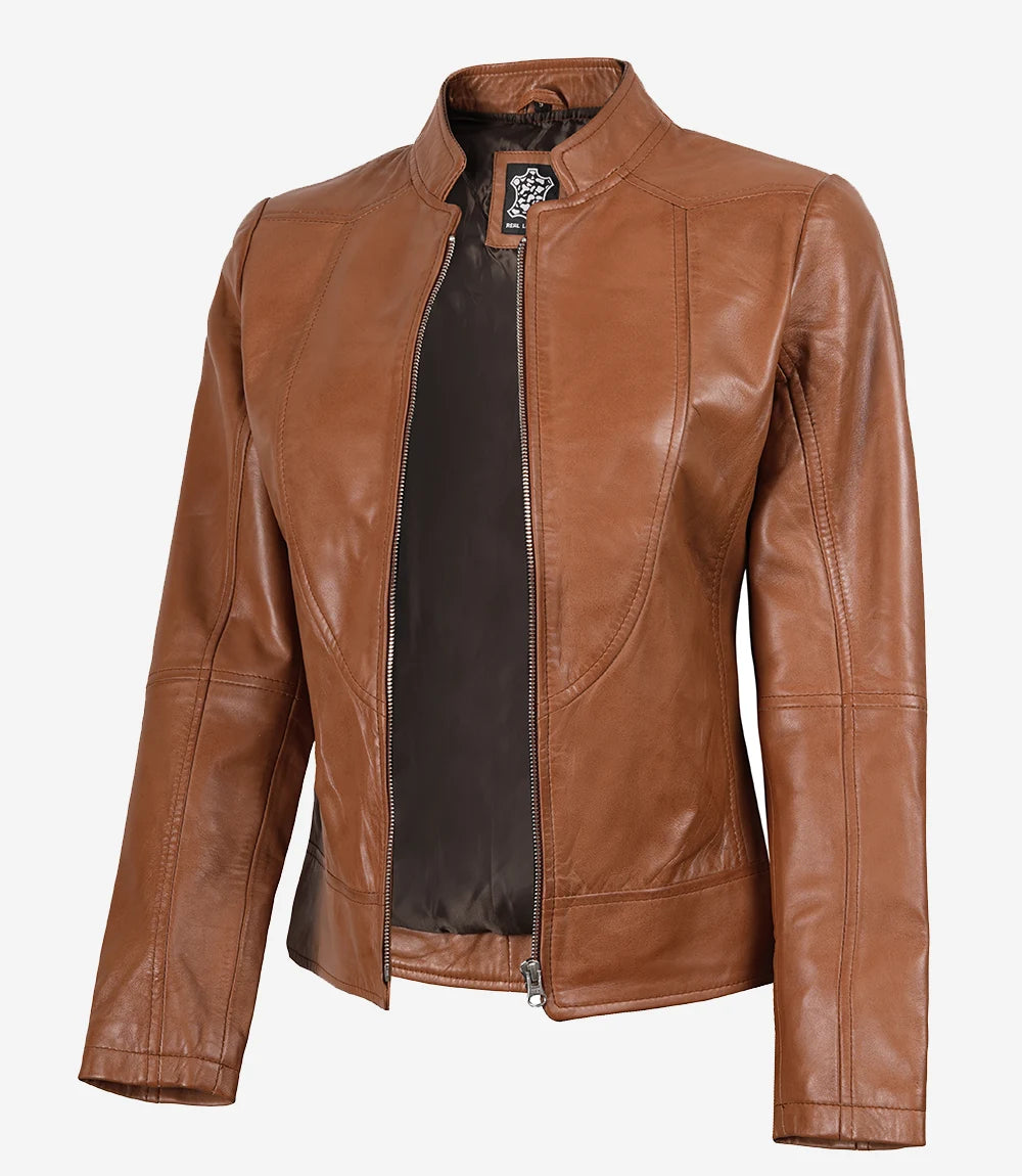 Women's Tan Brown Lambskin Leather Cafe Racer Jacket