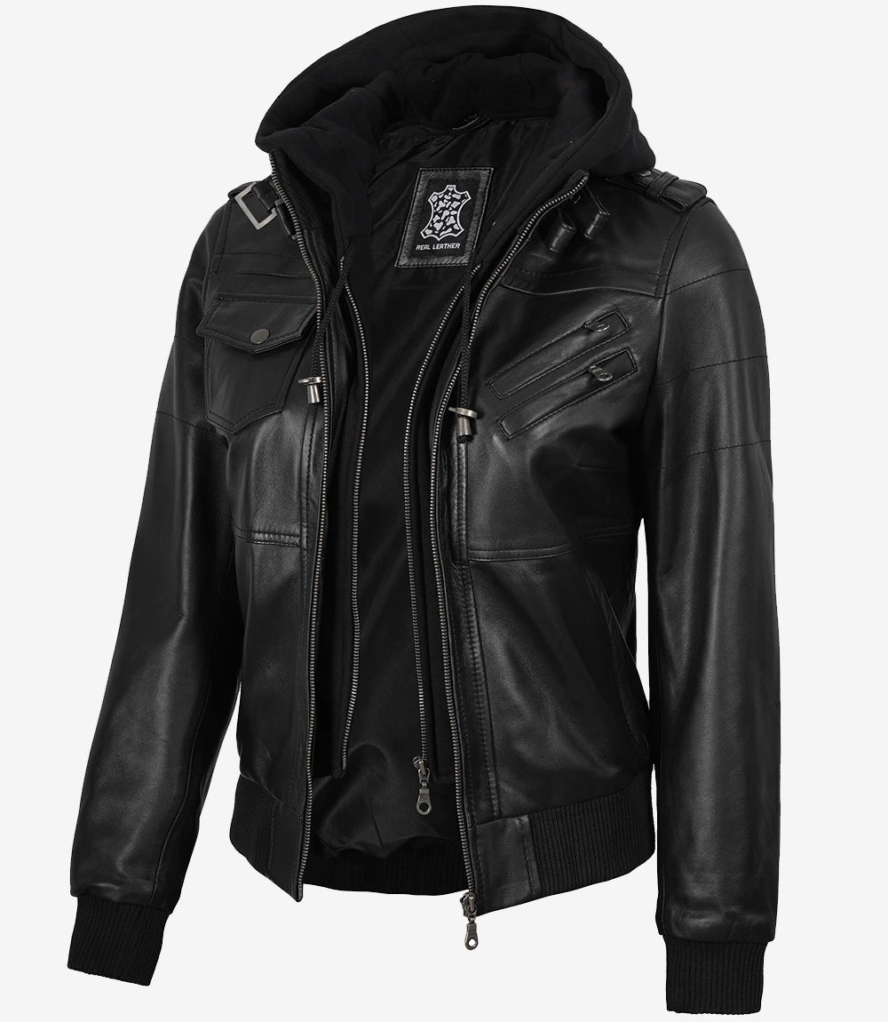 Edinburgh Women's Bomber Black Leather Jacket with Removable Hood