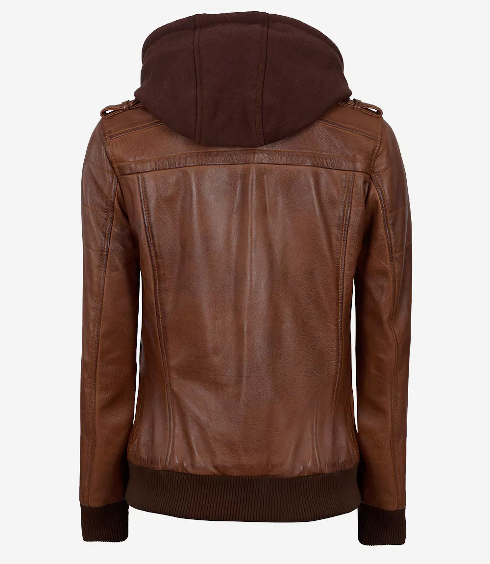 Women's Bomber Cognac Brown Leather Jacket with Removeable Hood