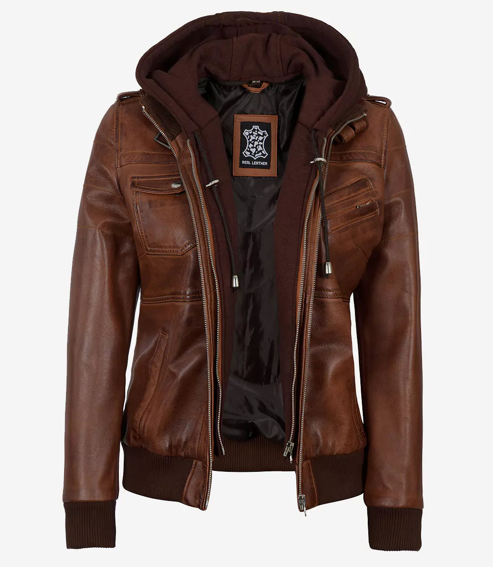 Women's Bomber Cognac Brown Leather Jacket with Removeable Hood
