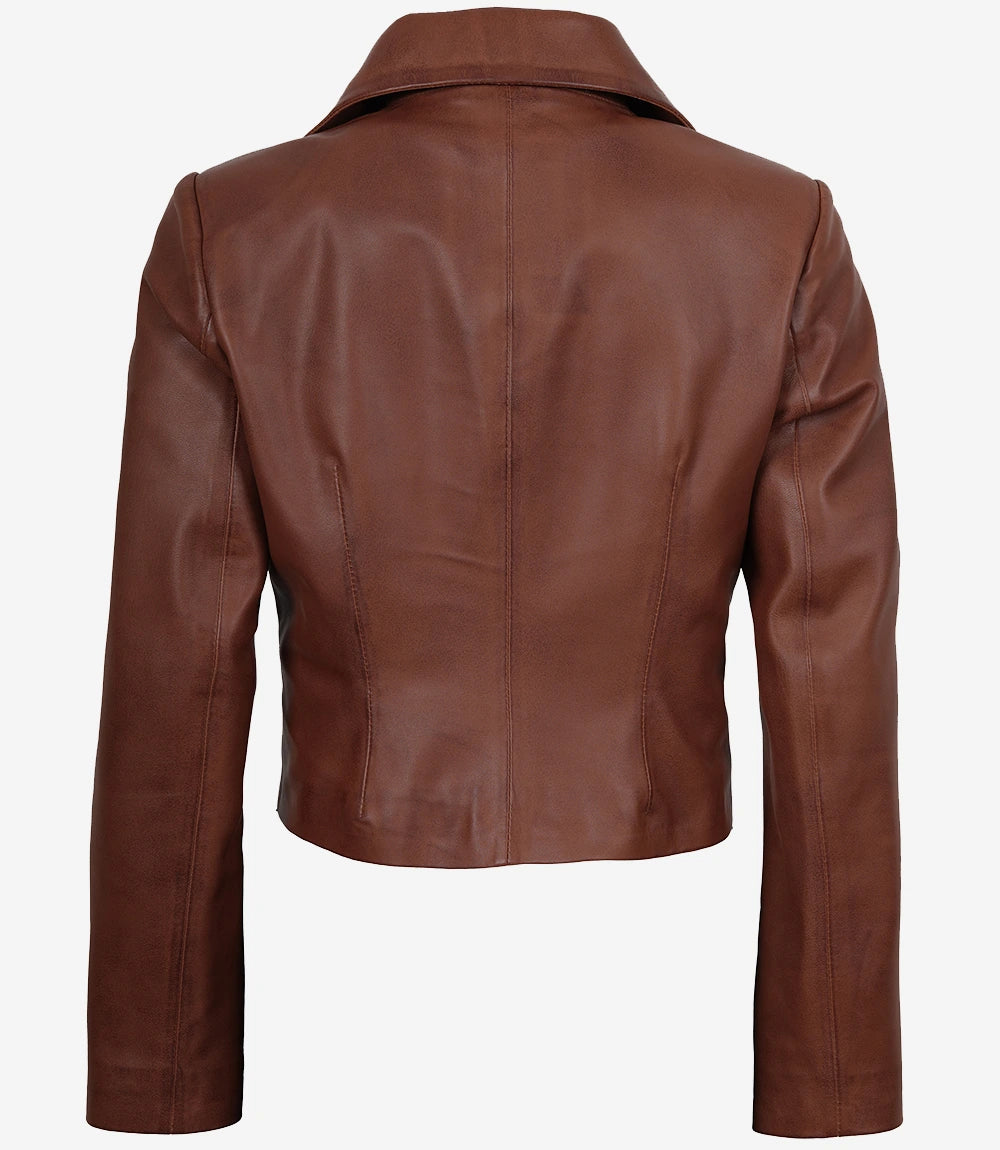 Women's Cognac Brown Single Button Cropped Leather Jacket
