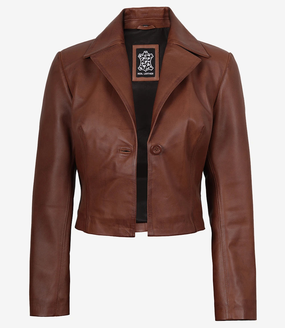 Women's Cognac Brown Single Button Cropped Leather Jacket