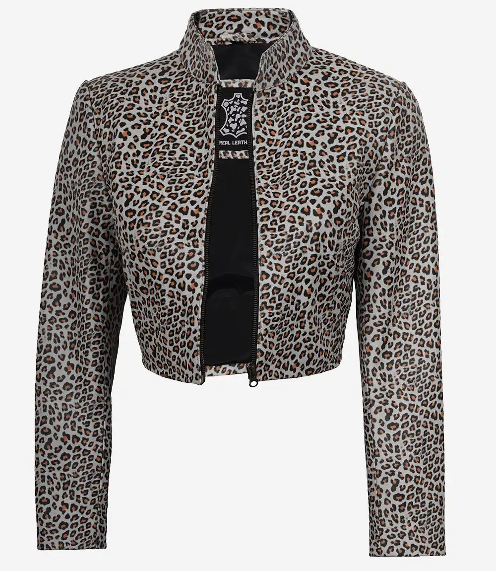 White Leopard Print Women’s Cropped Leather Jacket