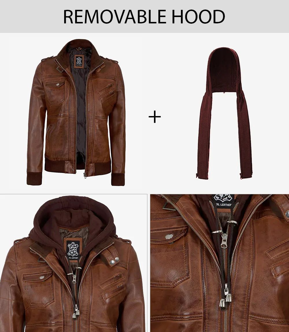 Women's Bomber Cognac Brown Leather Jacket with Removeable Hood