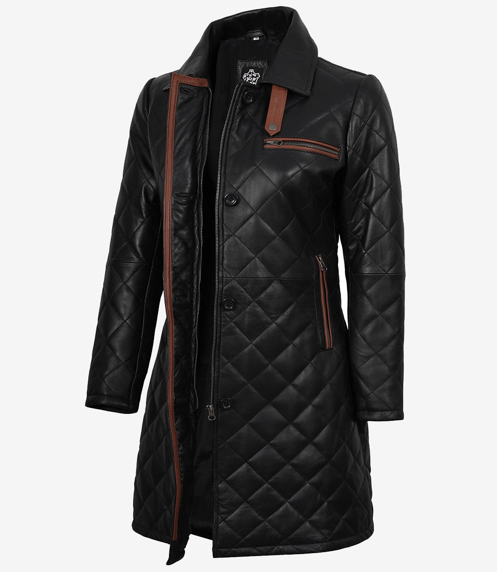 Glen Women's Black Quilted Real Leather Car Coat