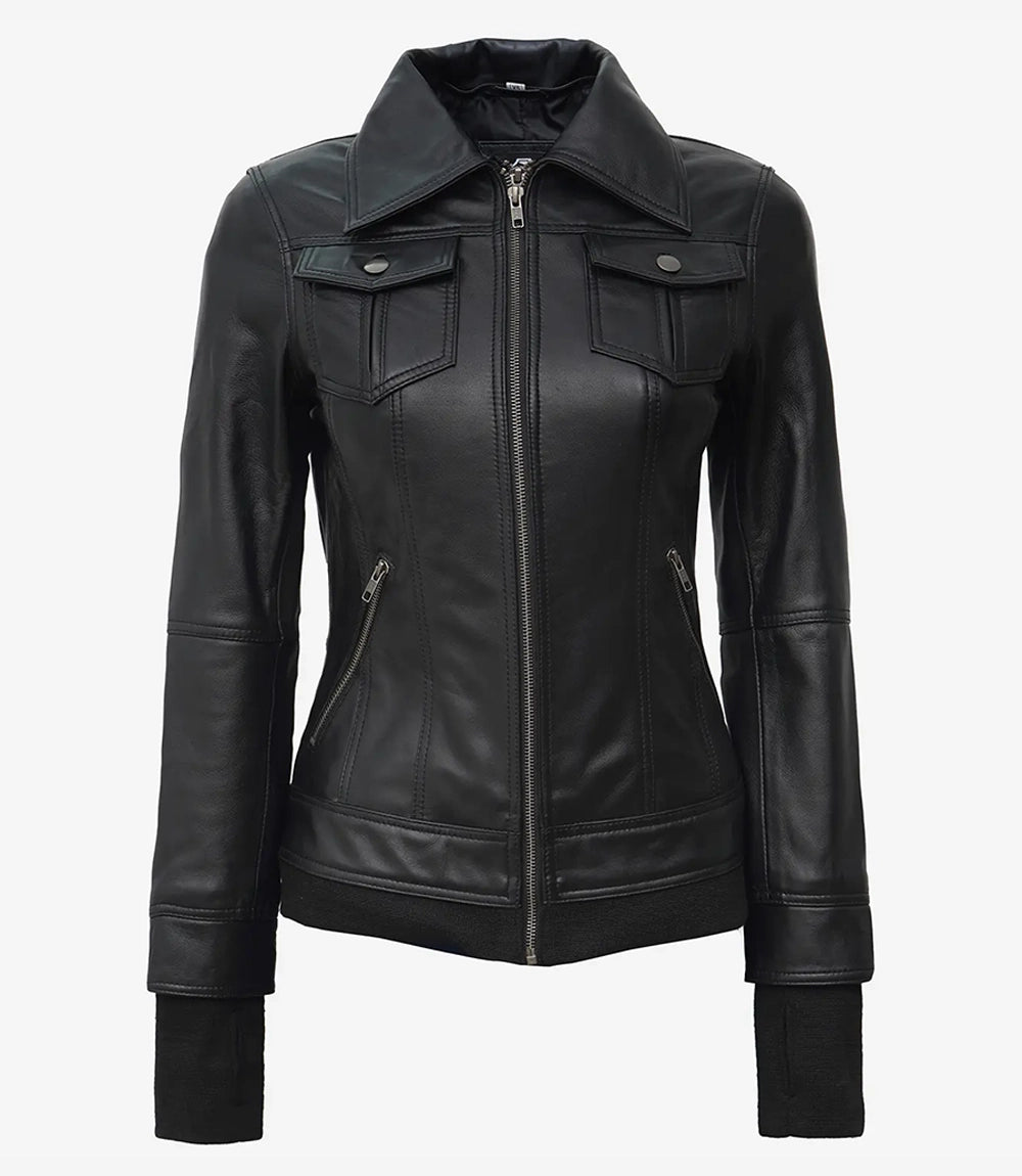 Tralee Black Bomber Women's Leather Jacket With Removable Hood