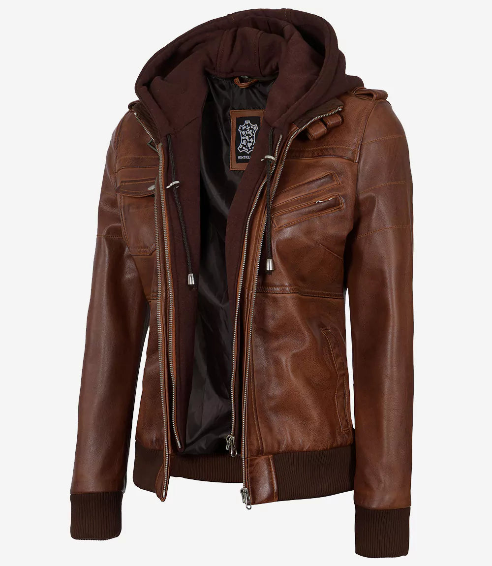 Women's Bomber Cognac Brown Leather Jacket with Removeable Hood