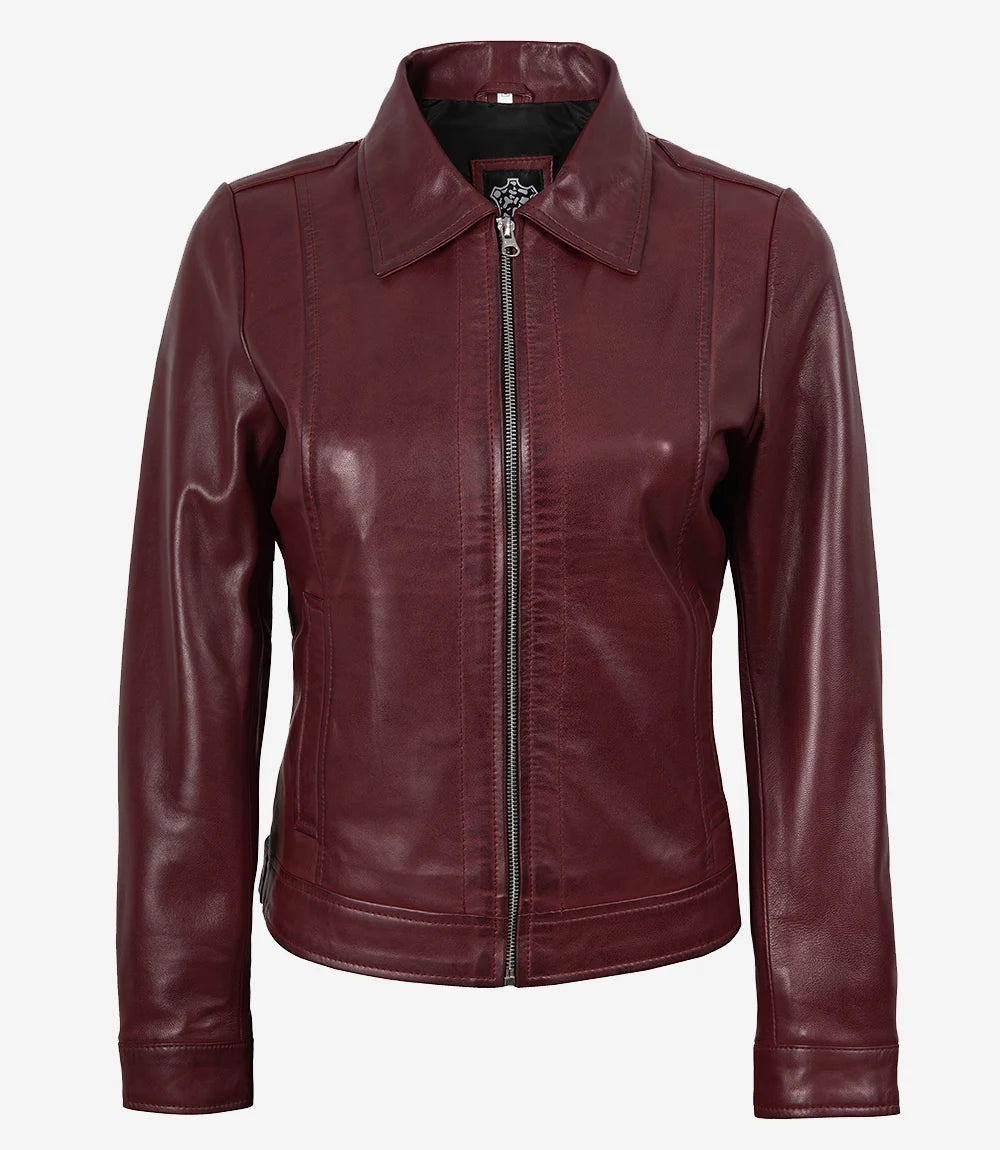 Jose Women's Burgundy Harrington Leather Jacket
