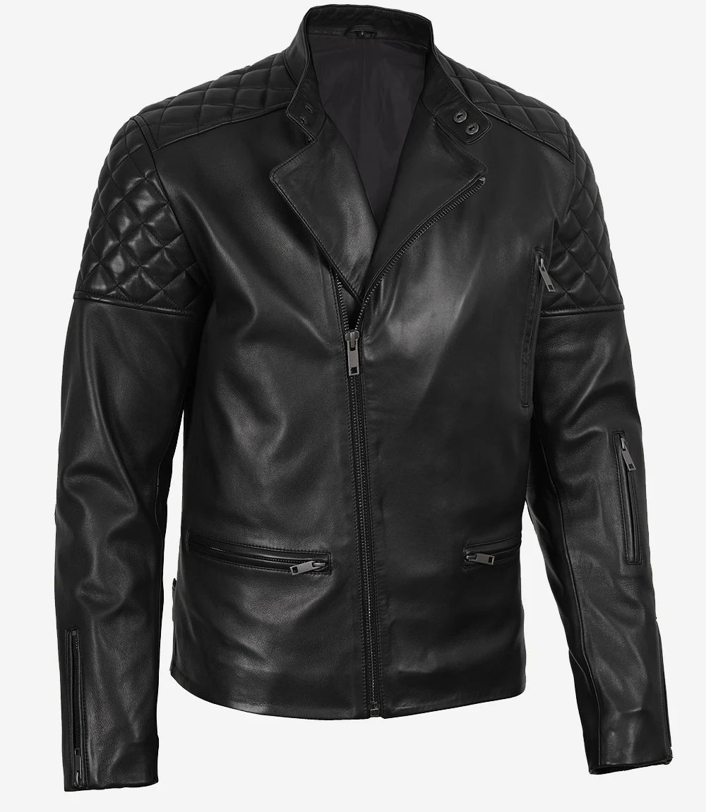 Men's Black Asymmetrical Quilted Biker Style Leather Jacket