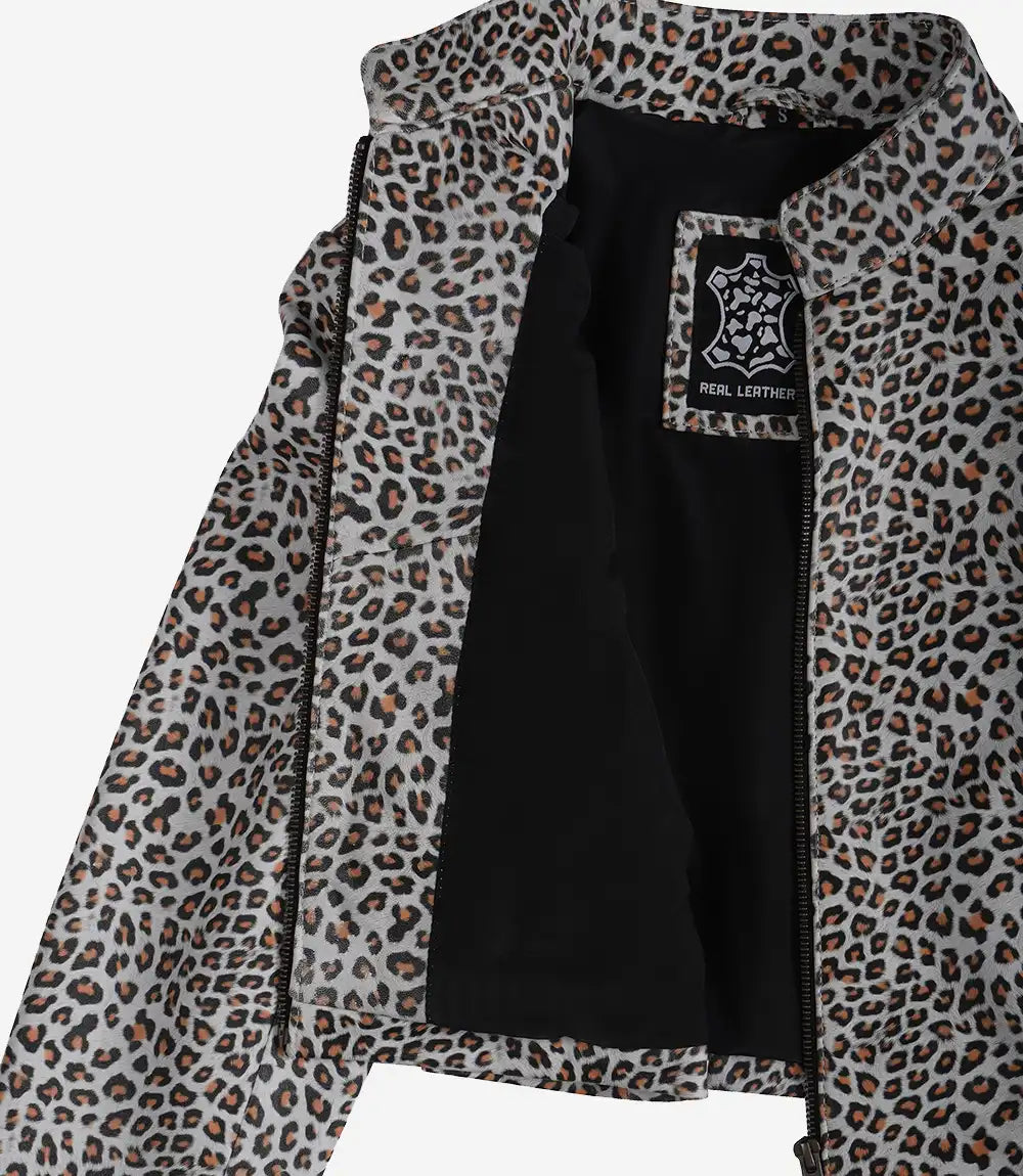 White Leopard Print Women’s Cropped Leather Jacket
