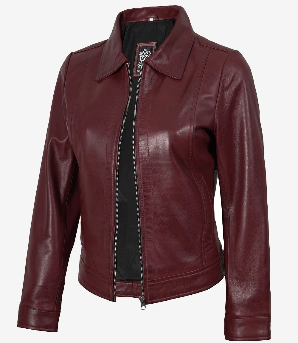 Jose Women's Burgundy Harrington Leather Jacket