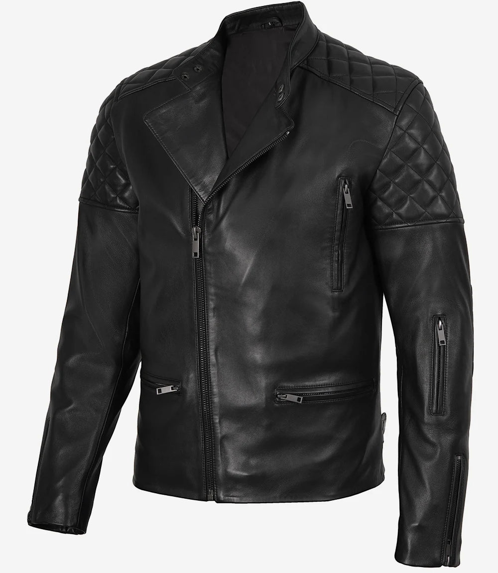 Men's Black Asymmetrical Quilted Biker Style Leather Jacket