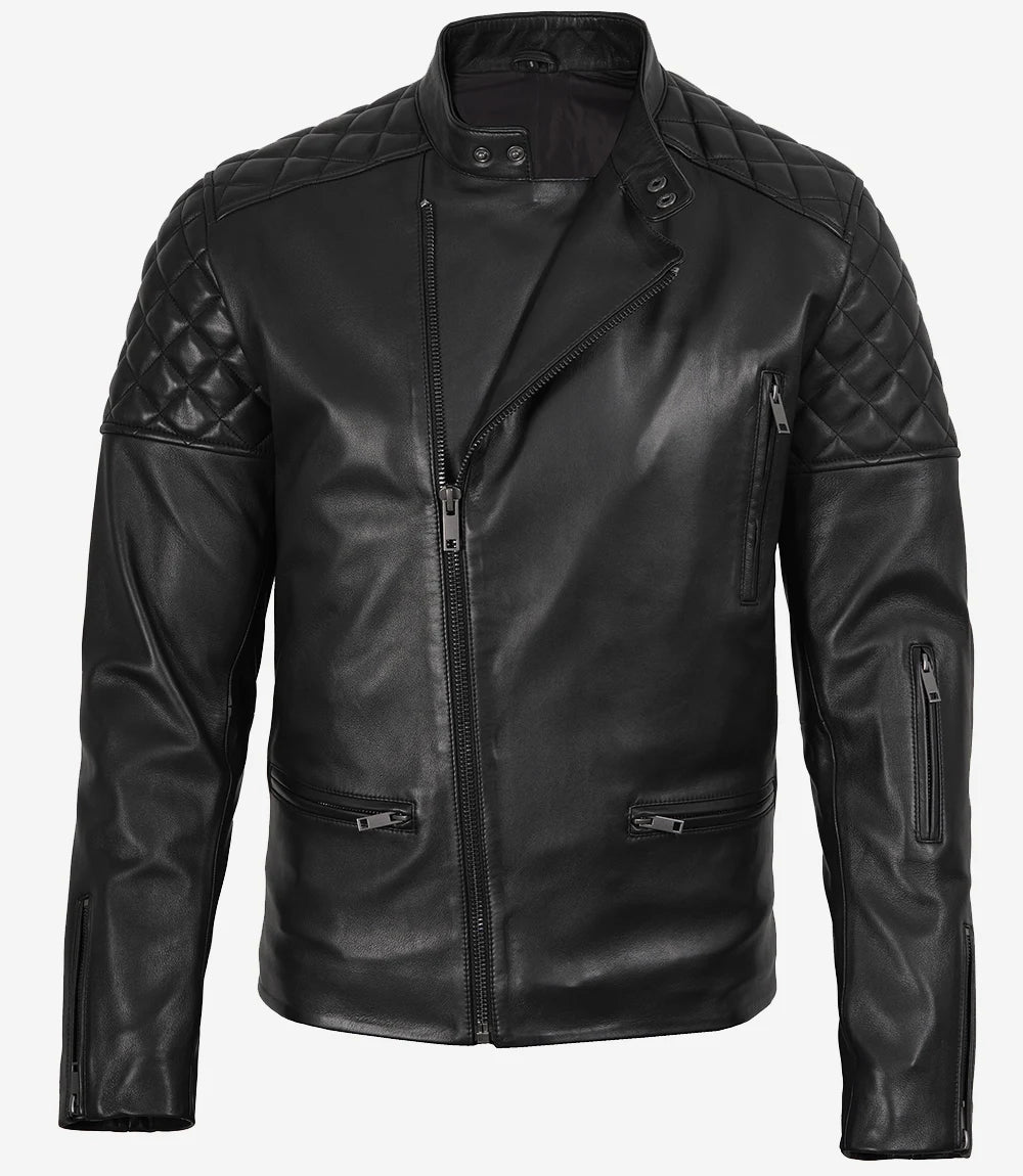 Men's Black Asymmetrical Quilted Biker Style Leather Jacket
