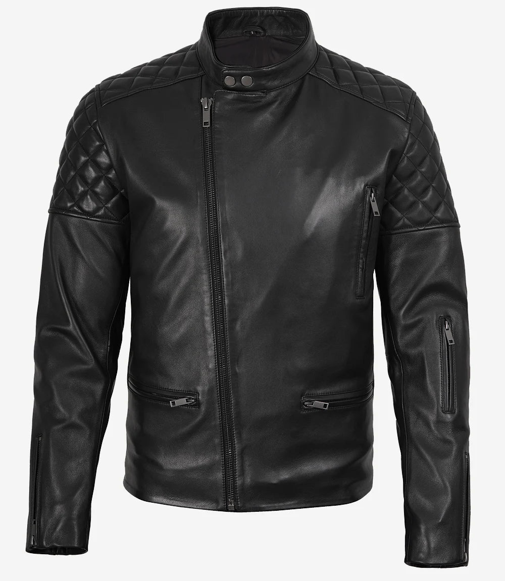 Men's Black Asymmetrical Quilted Biker Style Leather Jacket