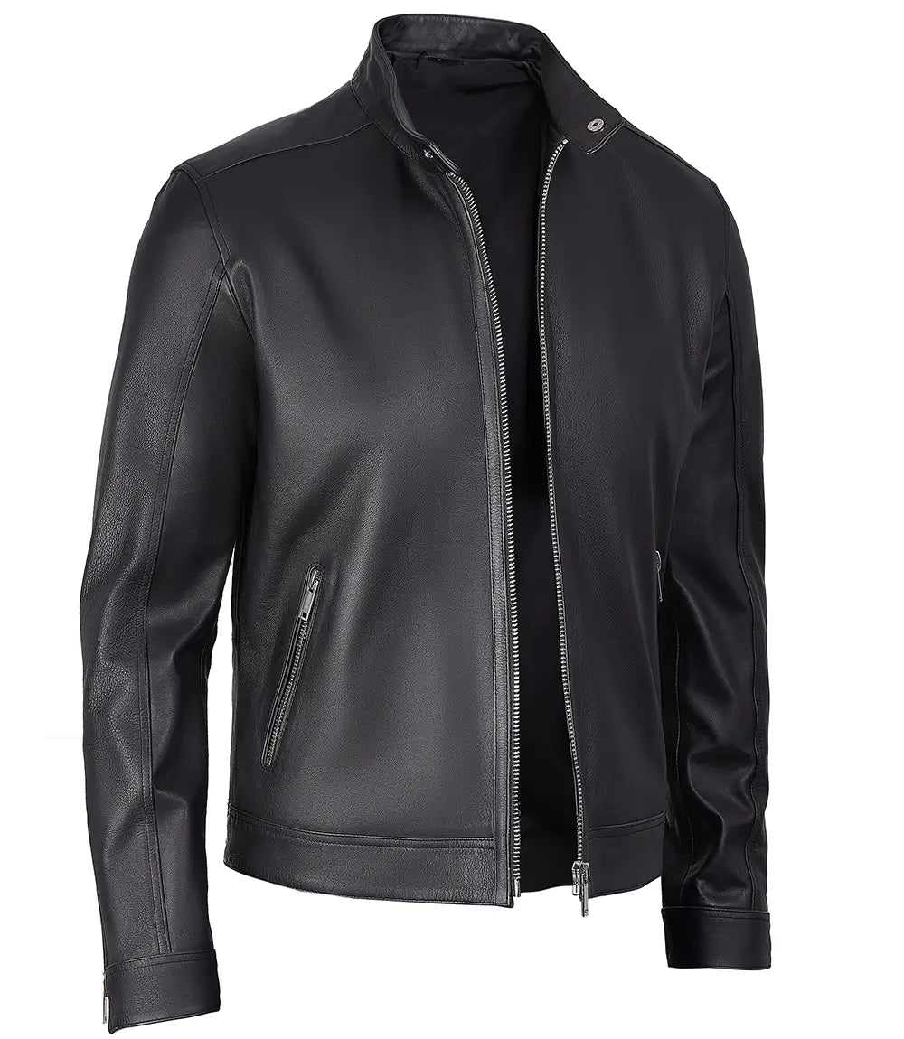 LUXE PRESTIGE: Men's Premium Black Cafe Racer Leather Jacket