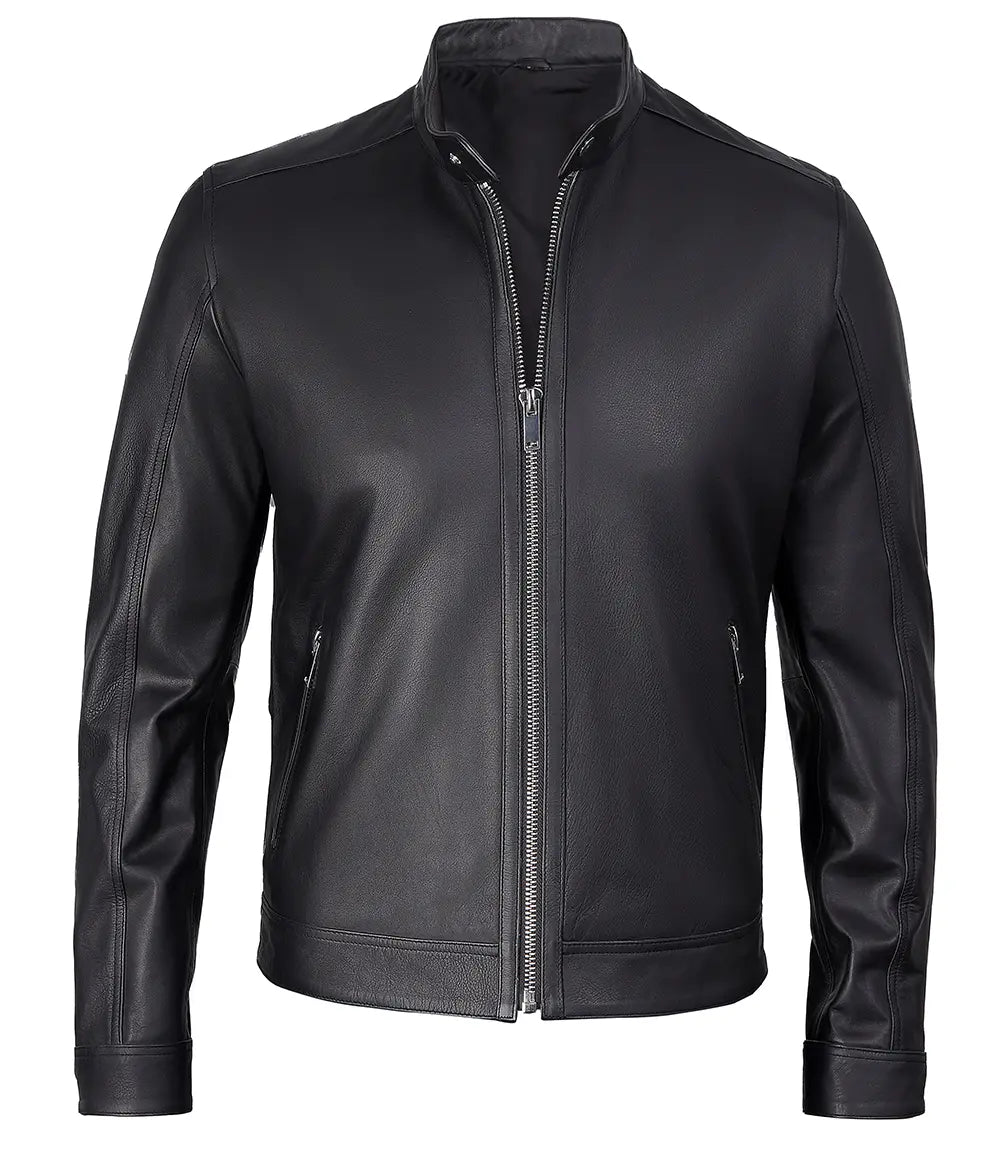 LUXE PRESTIGE: Men's Premium Black Cafe Racer Leather Jacket