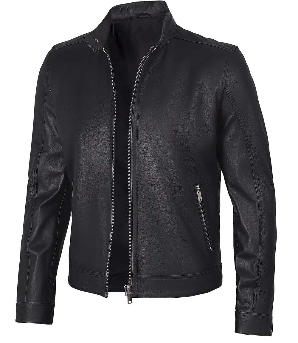 LUXE PRESTIGE: Men's Premium Black Cafe Racer Leather Jacket