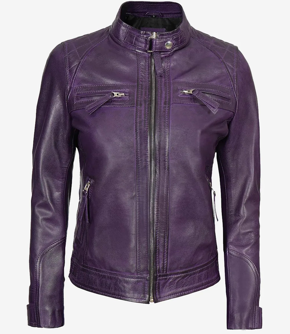 Women Purple Quilted Leather Cafe Racer Jacket