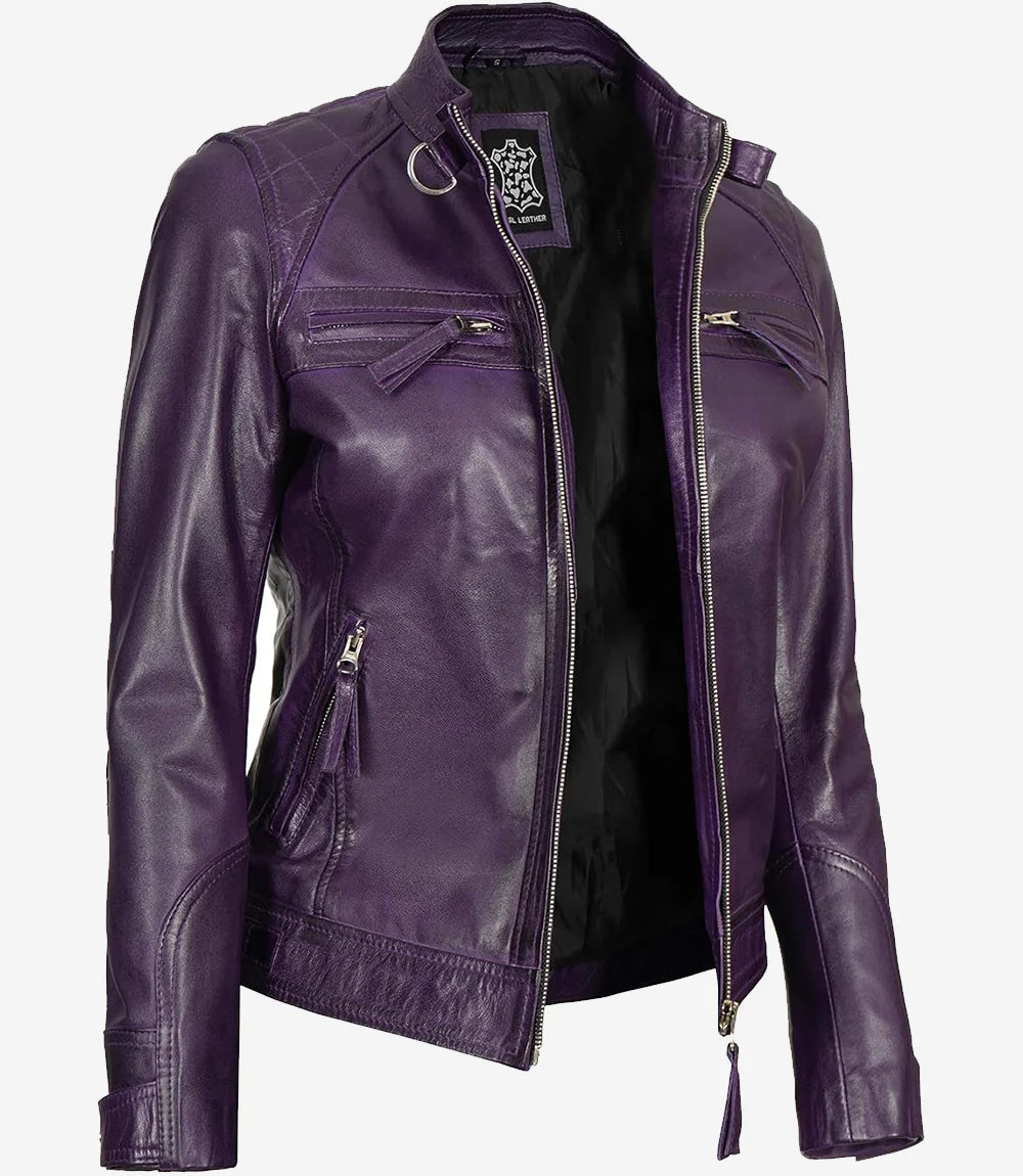 Women Purple Quilted Leather Cafe Racer Jacket
