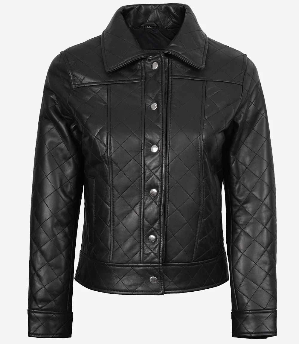 Women's Quilted Black Leather Jacket Shirt Collar
