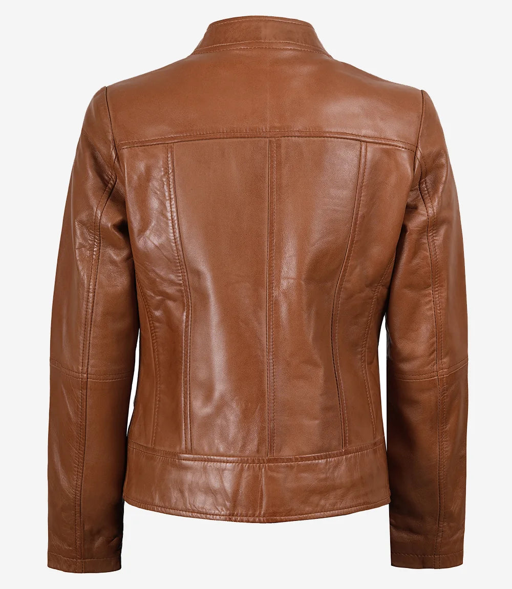 Women's Tan Brown Lambskin Leather Cafe Racer Jacket