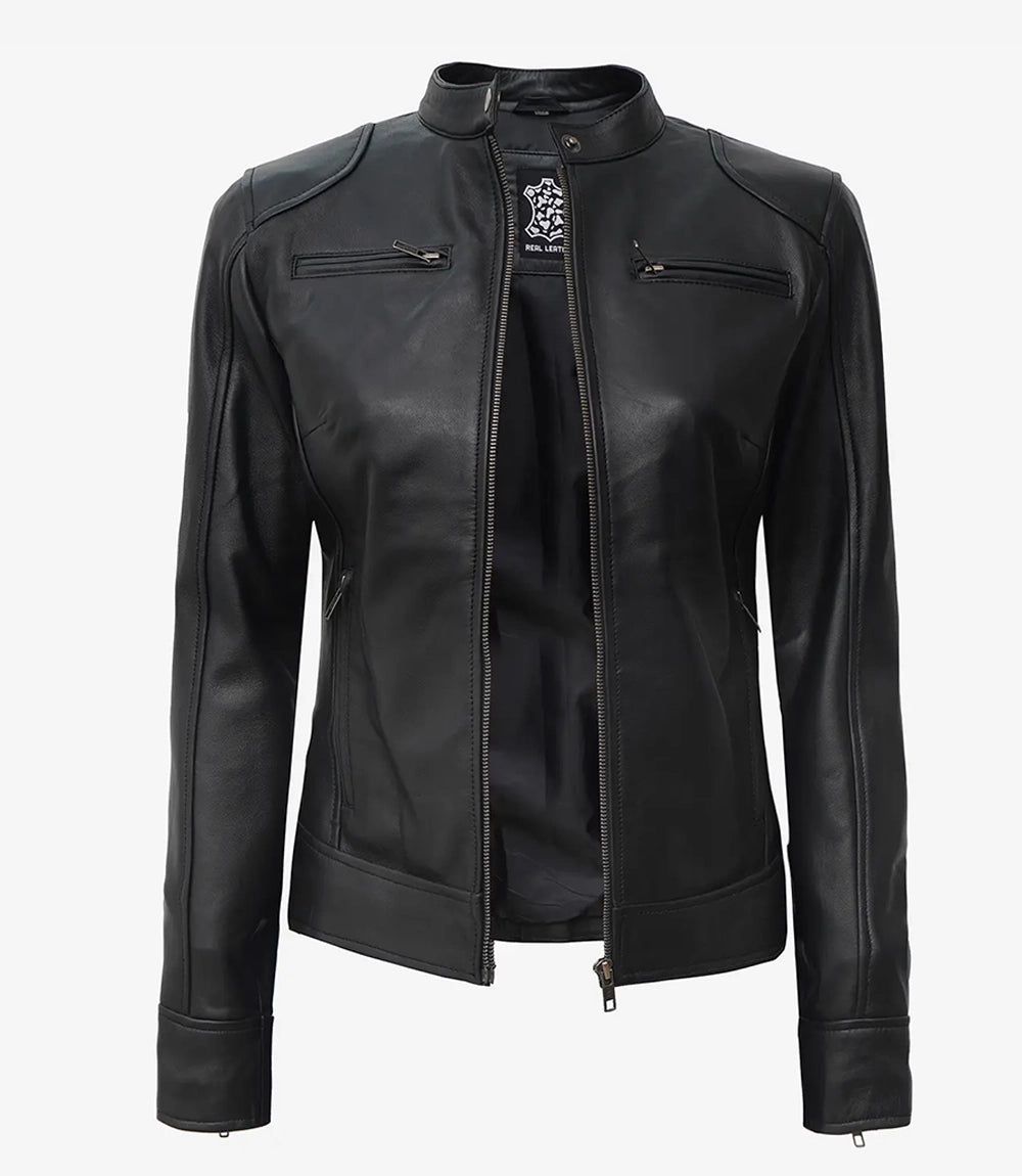 Women's Black Lambskin Leather Biker Jacket (2-4 Days Delivery)