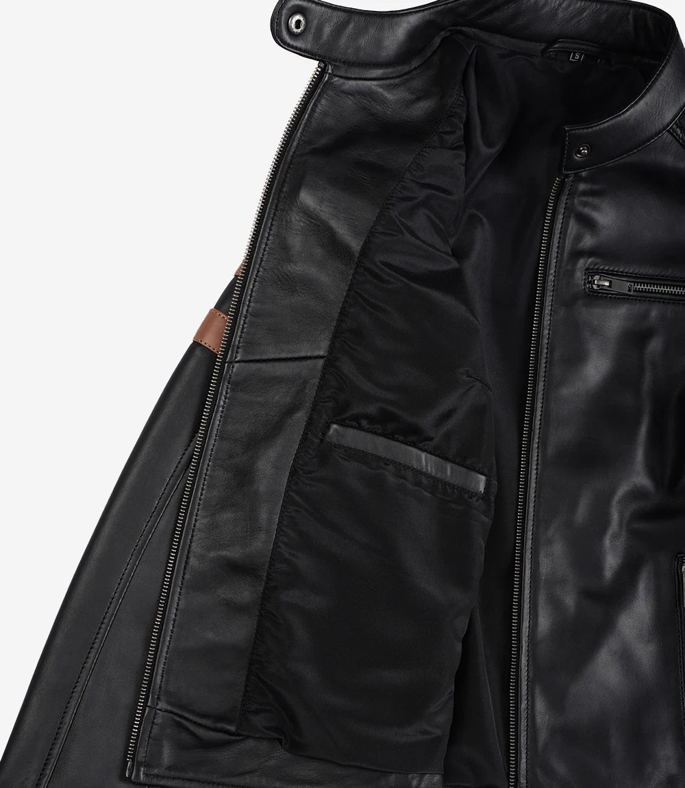 Women’s Black Biker Real Leather Jacket with Cognac Stripes
