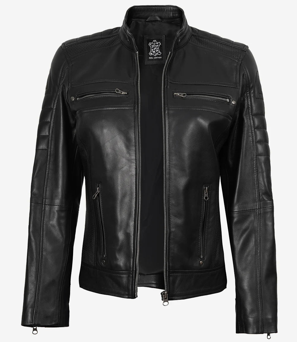 Women's Black Cafe Racer Leather Jacket - Best Seller