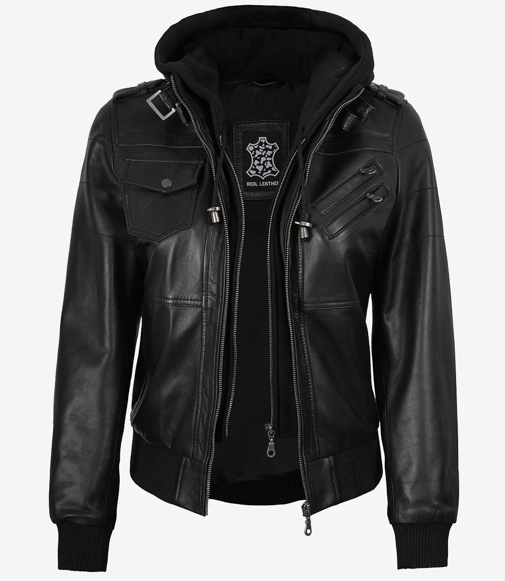 Edinburgh Women's Bomber Black Leather Jacket with Removable Hood