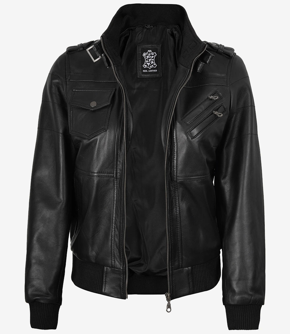 Edinburgh Women's Bomber Black Leather Jacket with Removable Hood