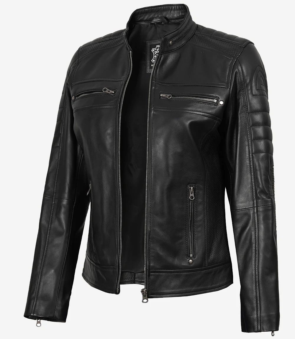 Women's Black Cafe Racer Leather Jacket - Best Seller
