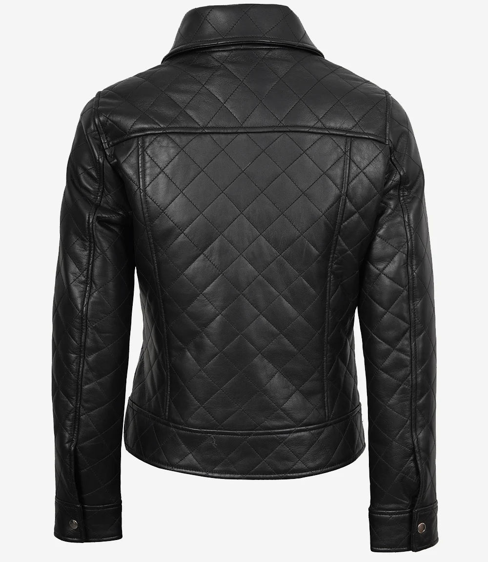 Women's Quilted Black Leather Jacket Shirt Collar