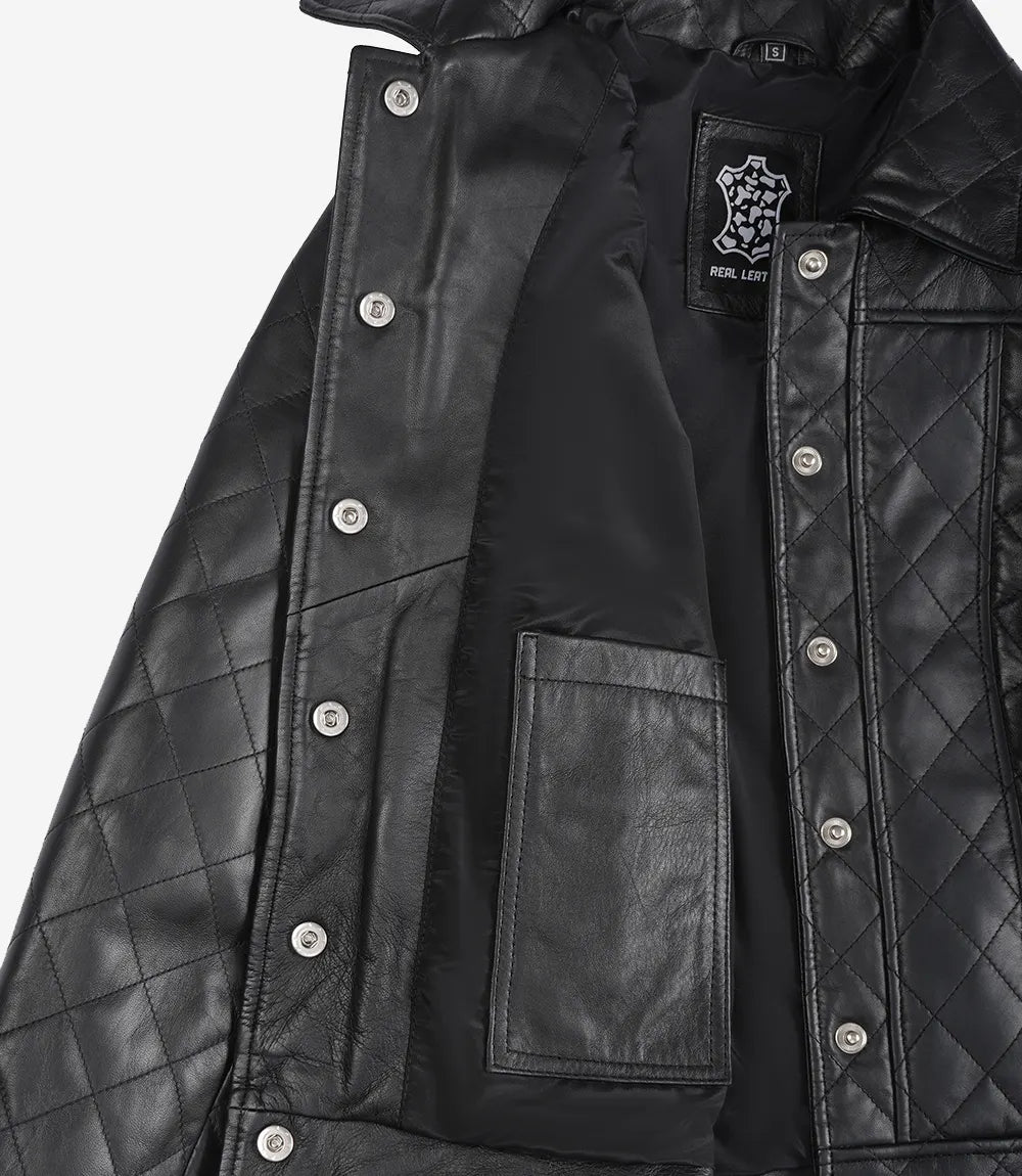 Women's Quilted Black Leather Jacket Shirt Collar