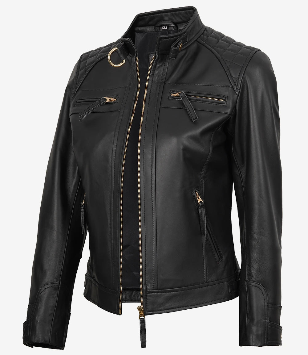 Women's Black Quilted Biker Leather Jacket